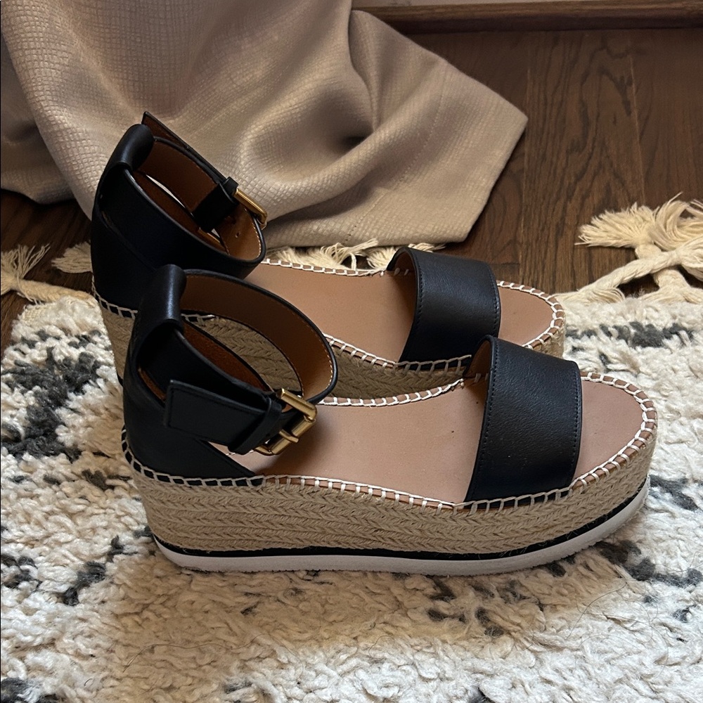 See By Chloe Black and Tan Espadrille Wedges